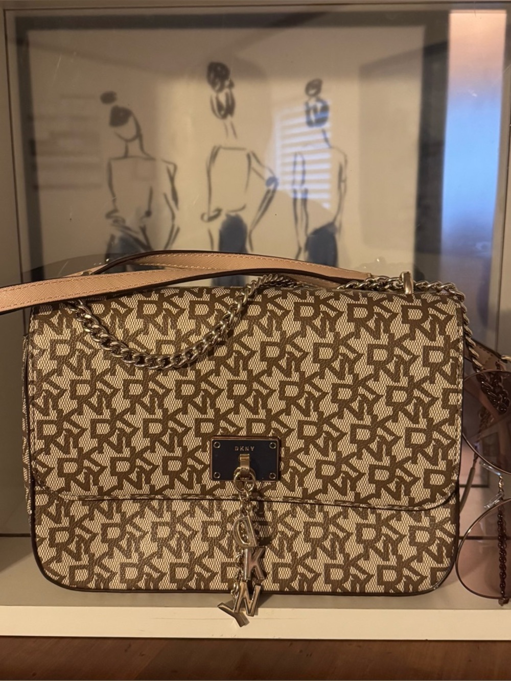 DKNY Brown Monogram Chain Shoulder Bag with Logo CHARM!